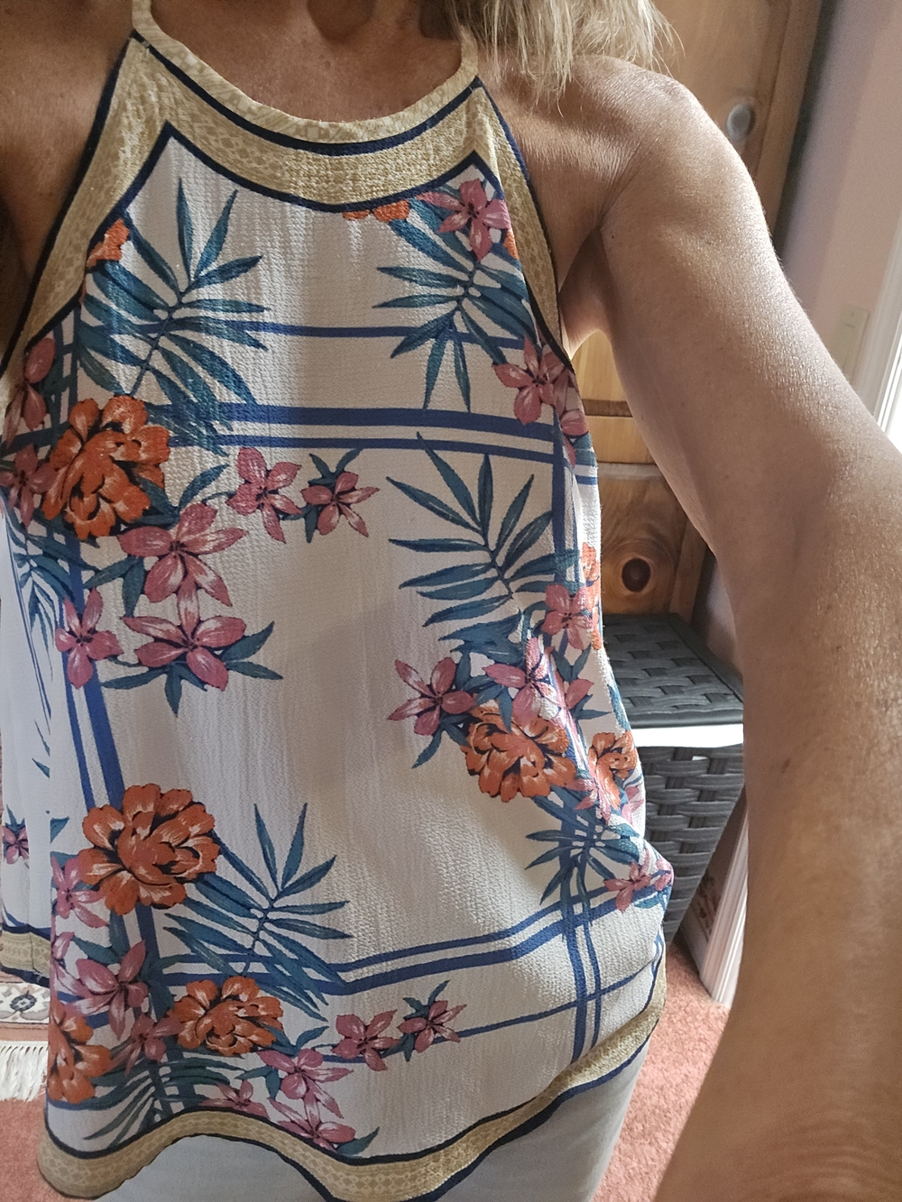 Flying Tomato White Halter Camisole with Blue, Pink & Orange Floral Print